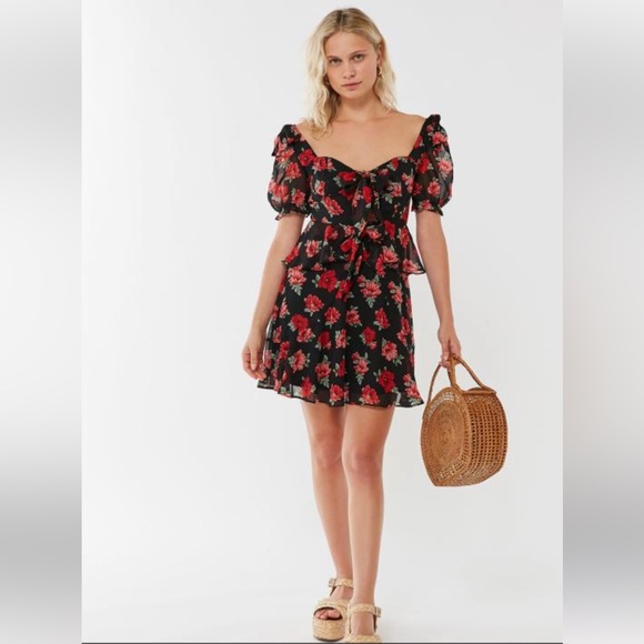 Lioness Dress Brooklyn Black Red Floral Print Fit & Flare Mini Corset Size XS - Picture 2 of 9